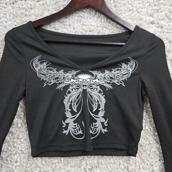 Romwe Shirt Womens Small Black Butterfly Flounce Sleeve Fairy Grunge Gothic Punk - Picture 3 of 10